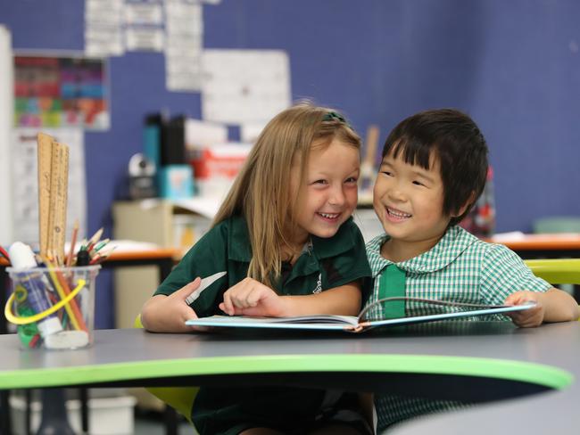 Isla and Eunice, the only 2 kindy students at Peats Ridge Public School. Picture: Sue Graham