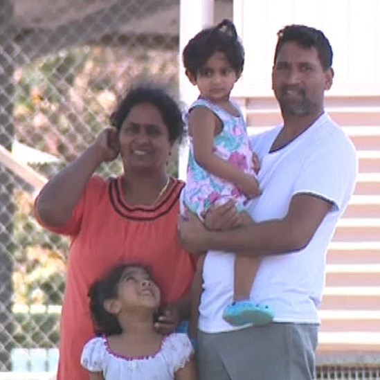 The Tamil family from Biloela - (Father) Nadesalingam Murugapan, (mother) Kokilapathmapriya Nadarasa and their children, Kopika, 4 and Tharunicaa, 2, during a visit from family friend Angela Fredericks on Christmas Island. Picture: 10 News