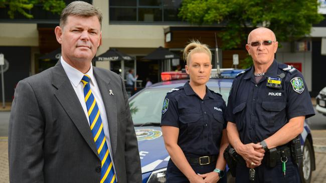 Police Association of SA (PASA) president Mark Carroll with Senior Constables Tash Smith and Paul Jelfs – two more officers who were assaulted at work. Picture: AAP / Brenton Edwards