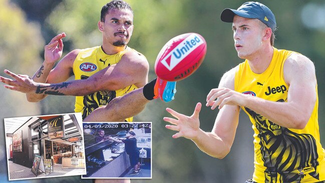 Richmond’s Sydney Stack, left, and Callum Coleman-Jones have been sent home with a 10-match suspension after a night out at a Gold Coast strip club and kebab shop, inset.