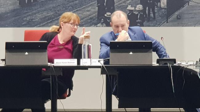 Gawler Council chief executive Henry Inat and Mayor Karen Redman at a council meeting. Picture: Colin James