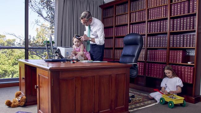 NSW Premier Dominic Perrottet in his office with daughters Beatrice, 3, and Amelia, 11. Picture: James Horan