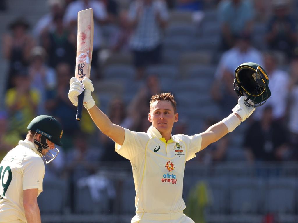 Marnus Labuschagne salutes after notching his eighth Test century. Picture: James Worsfold/Getty