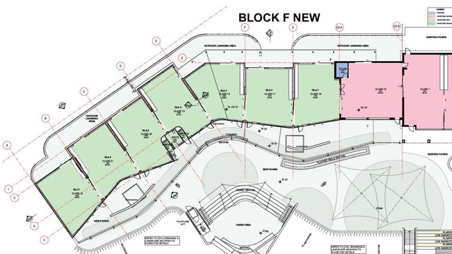 Architectural plans of the new Block F that would see seven new classrooms built adjacent to the existing Block E building (pink) Picture: Supplied