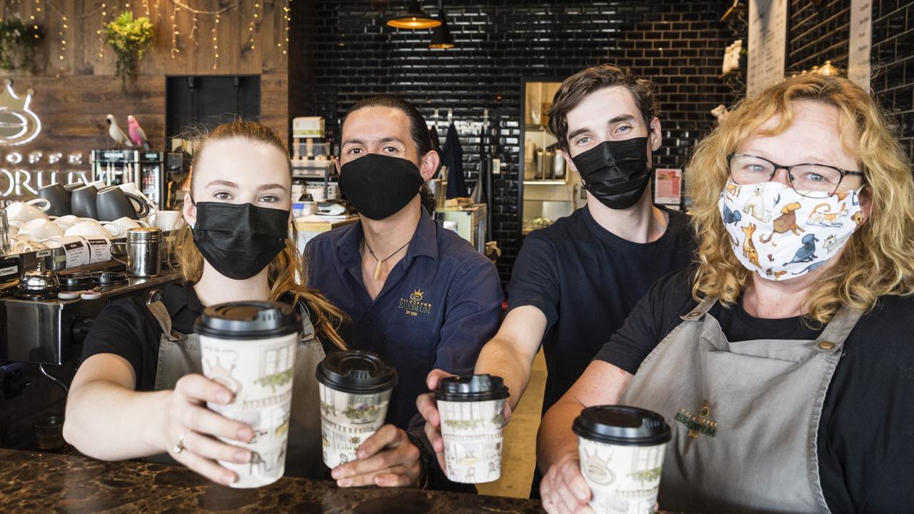 Coffee Emporium staff and owners (from left) Georgia Poole, James Riwaka, Lachlan Hunter and Penny O'Neill as wearing of masks is compulsory in most indoor settings, Sunday, January 2, 2022. Picture: Kevin Farmer