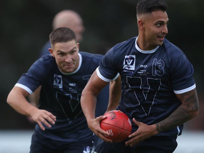 MELBOURNE, AUSTRALIA - APRIL 04: Kye Declase of the VFL State team in action  during a VFL State Team Training Session at Arden Street Ground on April 04, 2024 in Melbourne, Australia. (Photo by Daniel Pockett/AFL Photos/via Getty Images)