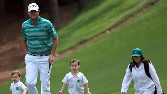 Marc Leishman of Australia, wife Audrey and their sons Oliver and Harvey at the Par 3 at this year’s Masters. Picture: David Cannon/Getty Images/AFP