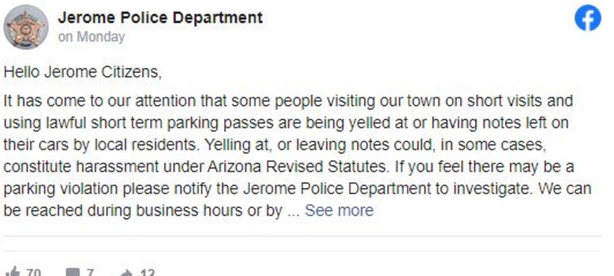The warning from the Jerome Police Department was issued on Facebook.