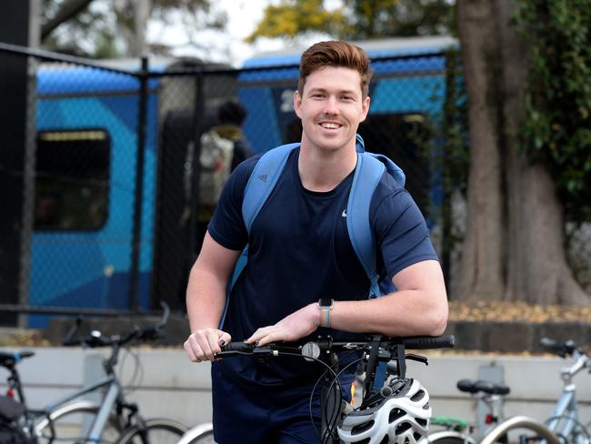 Nilsson Jones faced some issues on his ride into Melbourne from Altona. Picture: Andrew Henshaw