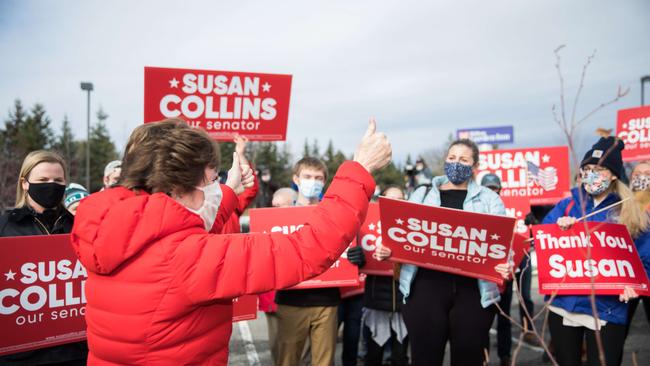 Sen. Susan Collins (R-ME) gives a thumbs up to supporters after announcing her competitor Sara Gideon called to concede. Picture: Getty Images