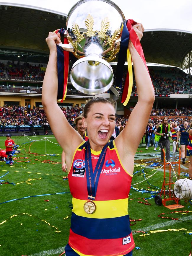 Ebony Marinoff with the 2019 premiership cup. Picture: MARK BRAKE/GETTY IMAGES