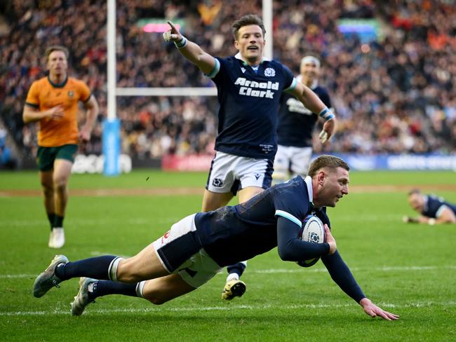 Finn Russell dives in to score Scotland’s fourth try. Picture: Getty Images