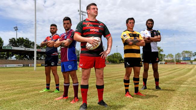 Palmerston’s Kendall Quakawoot, Swampdog’s Hayden Austine, South Darwin’s Brett Joyes, South Darwin’s Nigel Maher and University Pirates’ Wise Sekitoga at the launch of the 2020 Darwin Rugby Union Season. Picture: CHE CHORLEY