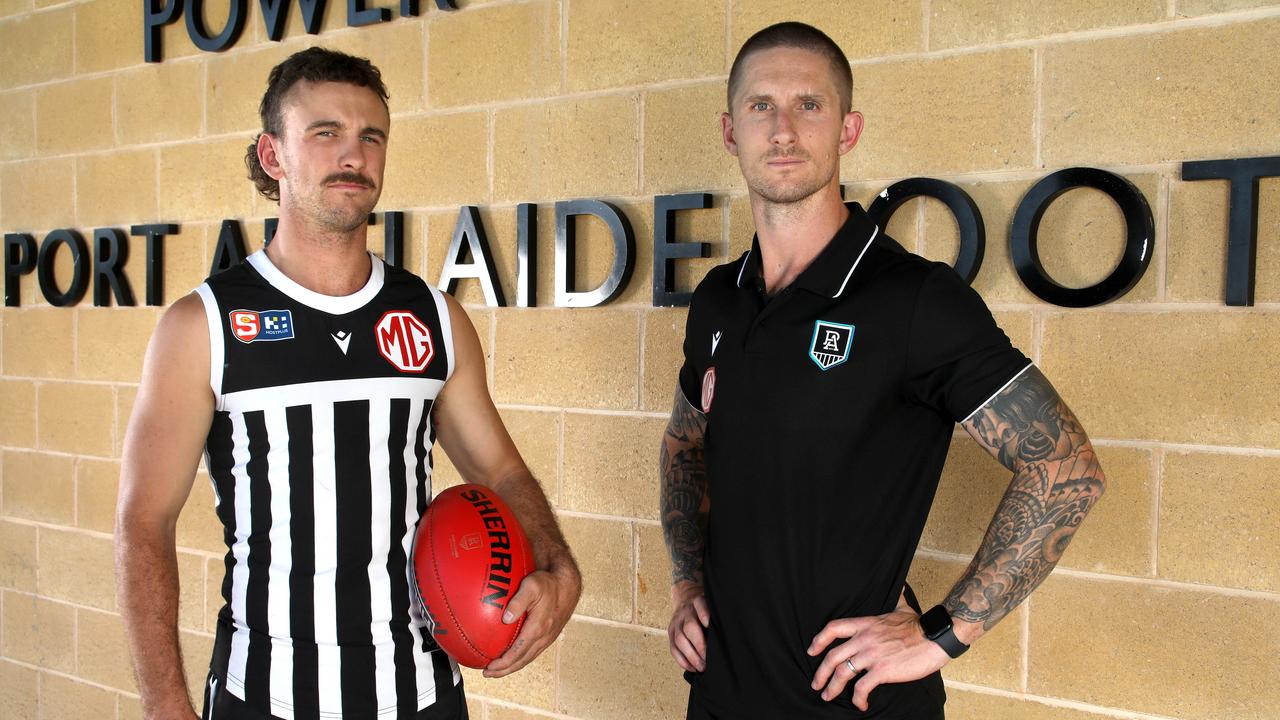 SANFL: Port Adelaide's new coach Hamish Hartlett and new captain Nick Moore together at Alberton Oval. 21 February 2024. Picture Dean Martin