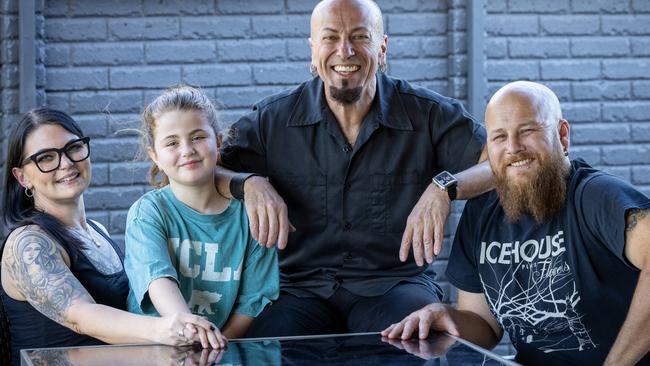 Ami Boundy, left, and fiance Simon Warnes, right, with her nine-year-old daughter Ruby and ex-partner and best friend Danny Lopresto. Picture Emma Brasier