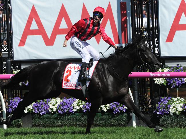 That’s how you win a Victoria Derby: jockey Glyn Schofield celebrates on Prized Icon. Picture: AAP