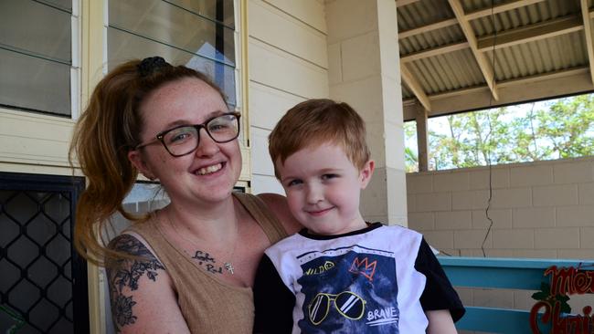 Willow Howarth and son Tayte Crisafulli, 6, at their new home in Ingham today. Picture: CAMERON BATES