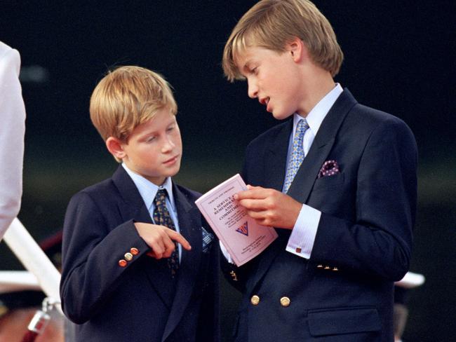 Prince William explaining to Prince Harry why he’s the sausage king of Windsor. Picture: Antony Jones/Julian Parker/UK Press via Getty Images