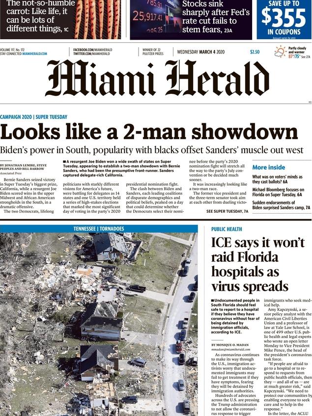 The Miami Herald front page. Picture: Miami Herald