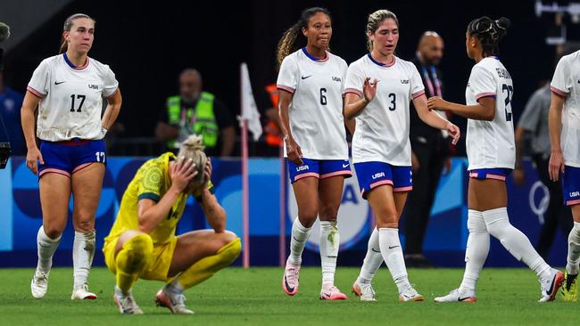 Australian defender Alanna Kennedy was distraught after the Matildas lost to the US. Picture: AFP