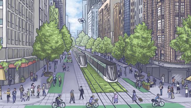 An artist’s impression of how transport improvements such as wider footpaths and better cycling paths could change the face of Melbourne, here at Collins St towards Docklands at Swanston St. Artist: Elena Strelnikova