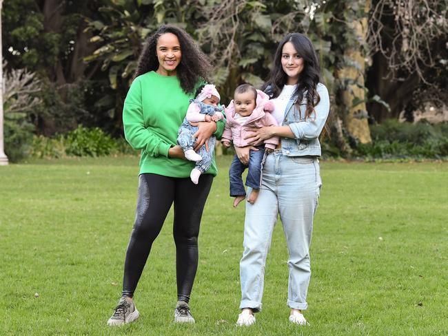 L-R: Pilis Castro with daughter Celeste and Valentina Londono with daughter Antonella in Hyde Park, Sydney.