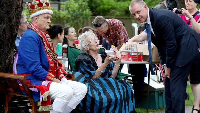 Premier Jay Weatherill talks to Dane Roddy and Helen Finch at Proclamation Day at the Old Gum Tree at Glenelg North. Picture: Calum Robertson