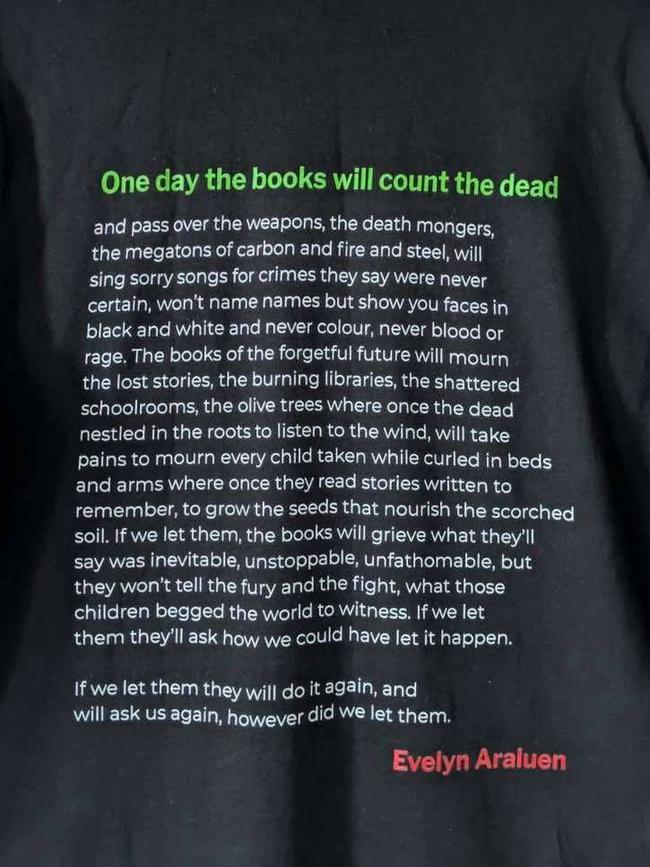 The 'Readers and Writers Against the Genocide' t-shirt with Evelyn Araluen's poem 'One day the books will count the dead'. Picture: Supplied.