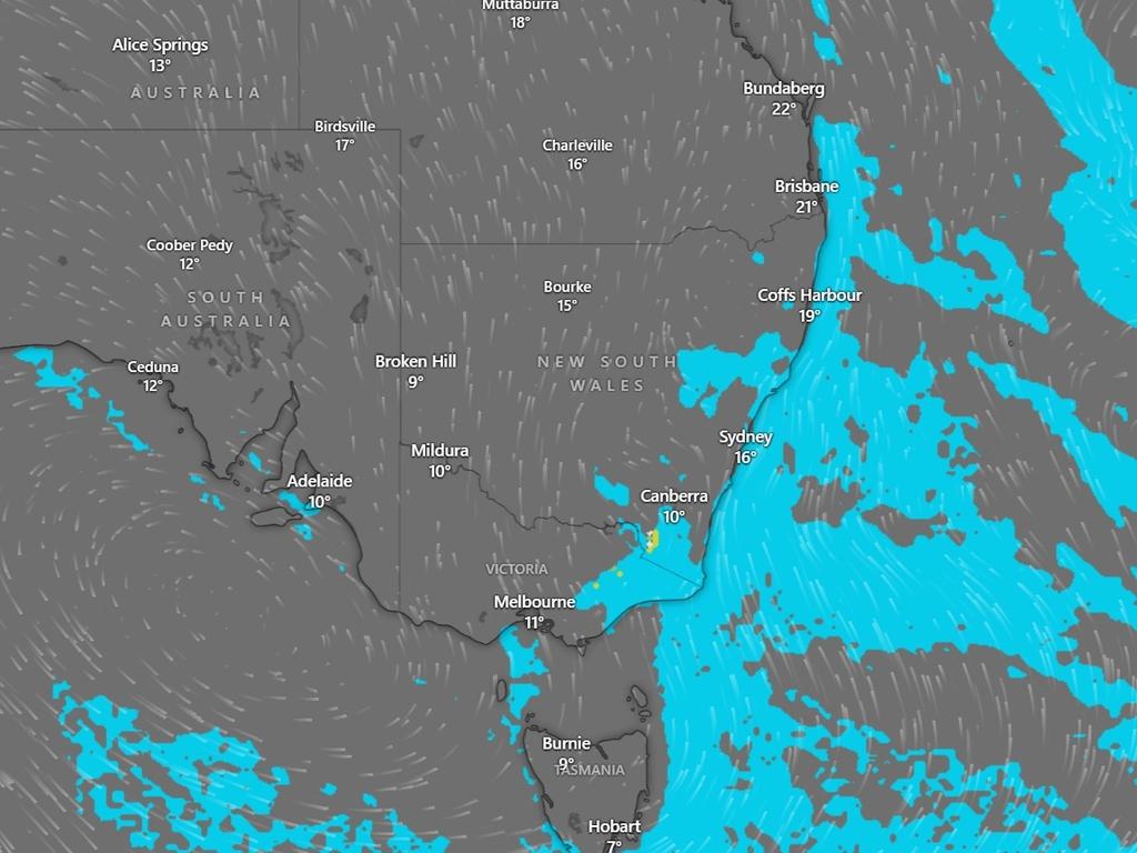Bands of rain continue sweeping across NSW amid hazardous surf warnings. Image: Windy.com