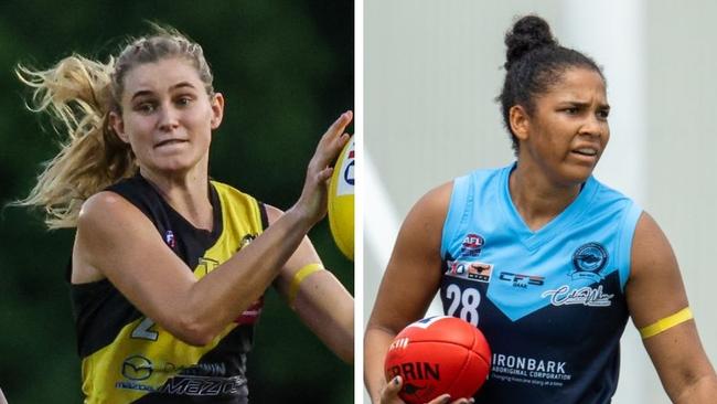 Sophie Hatzismalis for the Nightcliff Tigers and Stephenie Fomekong for the Darwin Buffaloes in the 2024-25 NTFL season.