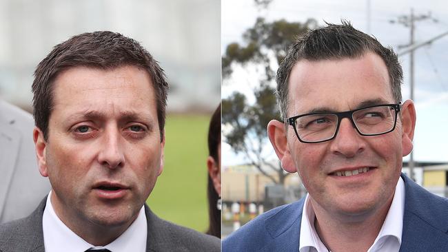 Victorian Opposition Leader Matthew Guy and Victorian Premier Daniel Andrews during campaigning for the Victorian state election. Picture composite: AAP Image/David Crosling, Julian Smith