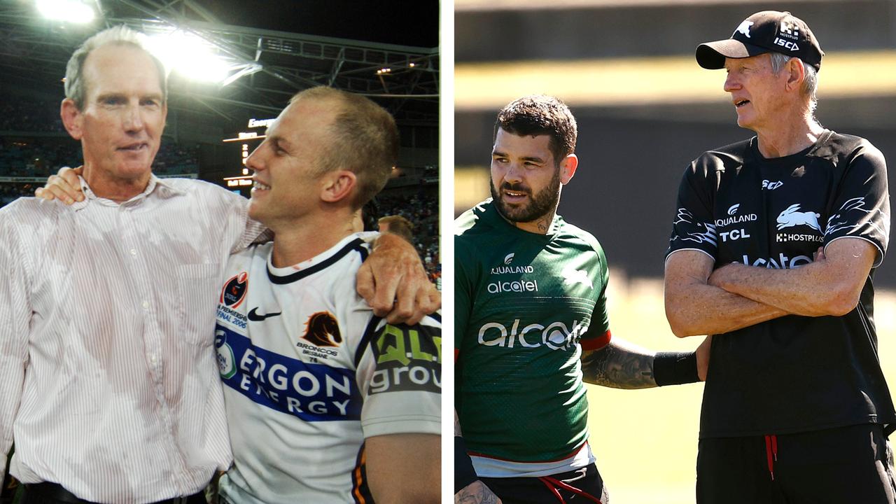 Wayne Bennett with Darren Lockyer in 2006 and Adam Reynolds in 2021.