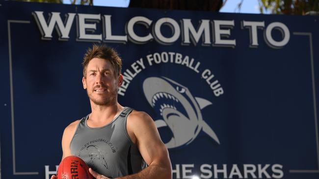 Former Port Adelaide player Brett Ebert kicked two goals and was named third-best on debut for Henley. Picture: Naomi Jellicoe.