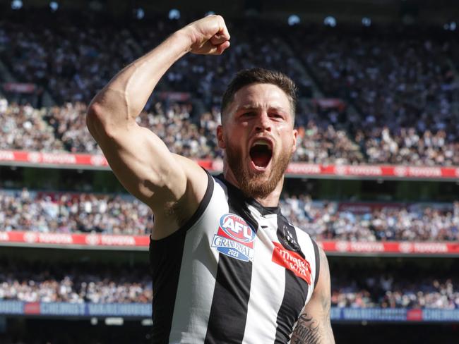 MELBOURNE , AUSTRALIA. September 30, 2023.   AFL Grand Final between Collingwood and the Brisbane Lions at the MCG. Collingwood Jack Crisp celebrates after a goal.Picture by David Caird