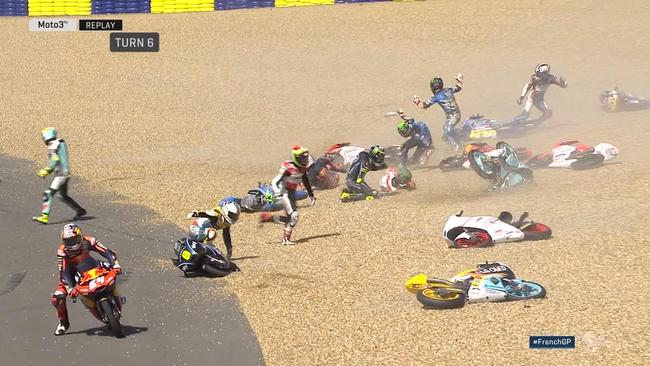 Moto3 oil spill carnage. Pic: FOX SPORTS
