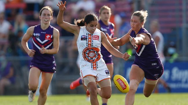 Haneen Zreika in action against the Dockers earlier this season. Picture: Michael Willson/AFL Photos