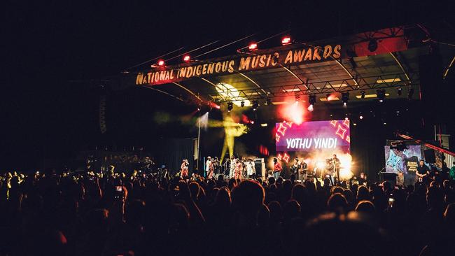 Legendary Territory rockers Yothu Yindi perform at the 2023 National Indigenous Music Awards at the Darwin Amphitheatre in the George Brown Botanic Gardens. Picture: Benjamin Warlngundu Ellis Baylis