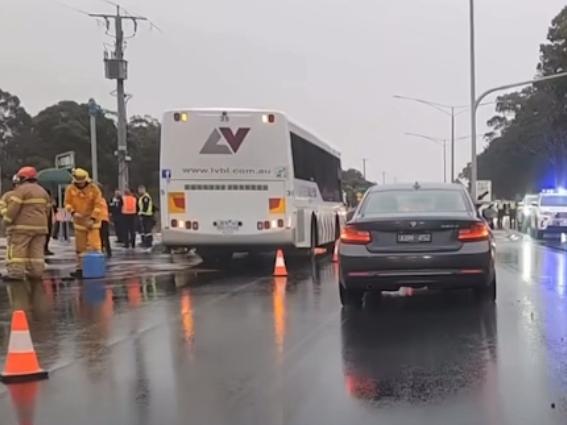 Emergency services were called to a bus and car collision on the corner of Bank St and the Princes Hwy just before 4pm on Thursday, July 25, 2024. Picture: LVI&CA