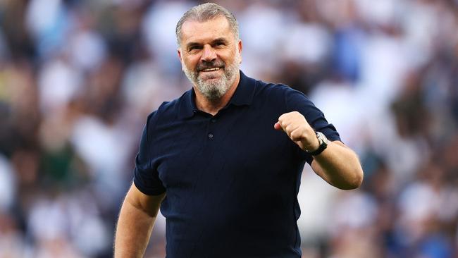 LONDON, ENGLAND - AUGUST 19: Ange Postecoglou, Manager of Tottenham Hotspur, celebrates following the team's victory during the Premier League match between Tottenham Hotspur and Manchester United at Tottenham Hotspur Stadium on August 19, 2023 in London, England. (Photo by Clive Rose/Getty Images)