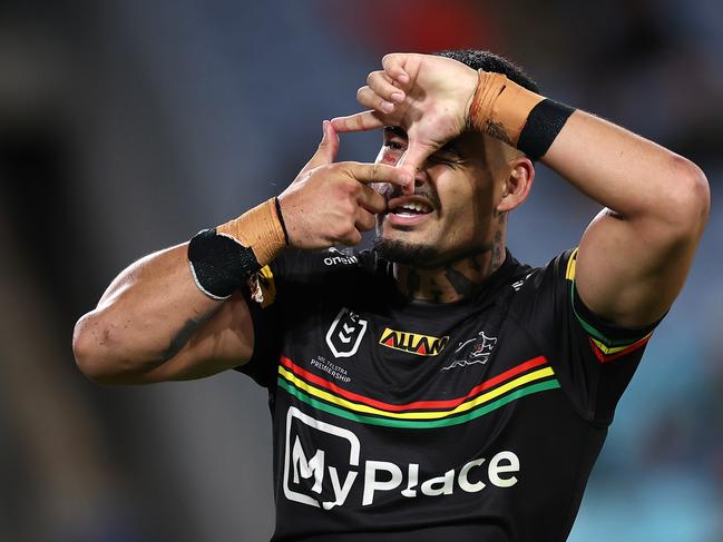 Taylan May of the Panthers celebrates after scoring a try during the round nine NRL match between South Sydney Rabbitohs and Penrith Panthers at Accor Stadium on May 02, 2024, in Sydney, Australia. (Photo by Cameron Spencer/Getty Images)