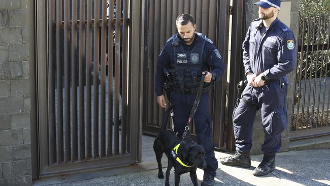 Police at John Ibrahim’s house with sniffer dogs. Picture: Justin Lloyd.