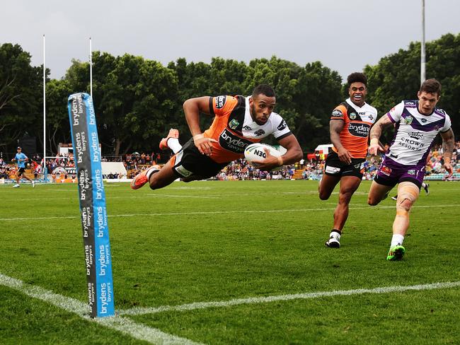 Josh Addo-Carr scores a try on his debut. Picture: Brett Costello