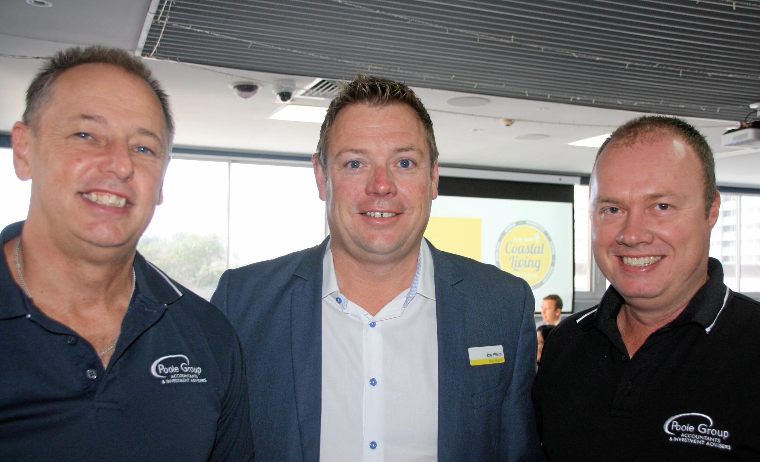 Bruce Neuendorf of Poole Group, Ray White's Brent Higgins and Greg Schefe of Poole Group at the Ray White breakfast at Maroochy Surf Club. Picture: Erle Levey