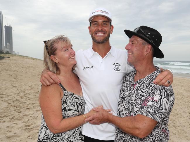 Surf Ironman Matt Poole announces his retirement at Northcliffe Surf Club. Best mate Matt Bevilacqua and Matt Poole reflect on his career. Matt Poole takes a stroll with parents Ian and Philippa Poole on Northcliffe beach. Picture Glenn Hampson