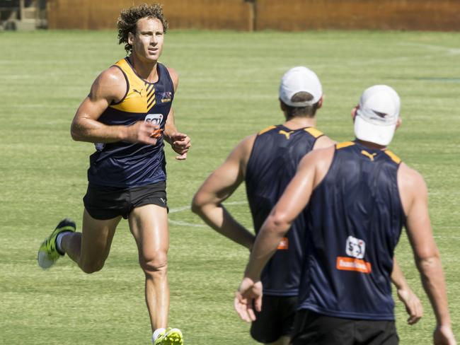 West Coast Eagles players during an open training session at Subiaco Oval on Wednesday. Pictured is Matt Priddis. Picture: Matthew Poon