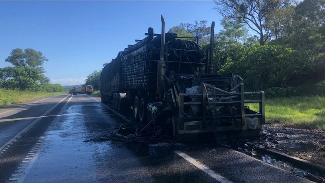 A truck was destroyed by fire at Sarina, south of Mackay, causing the closure of the Bruce Highway. Picture: Queensland Police Service