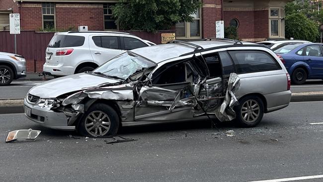 A truck has ripped through the side of a car and smashed the window of another in a scary accident in Geelongâs CBD.