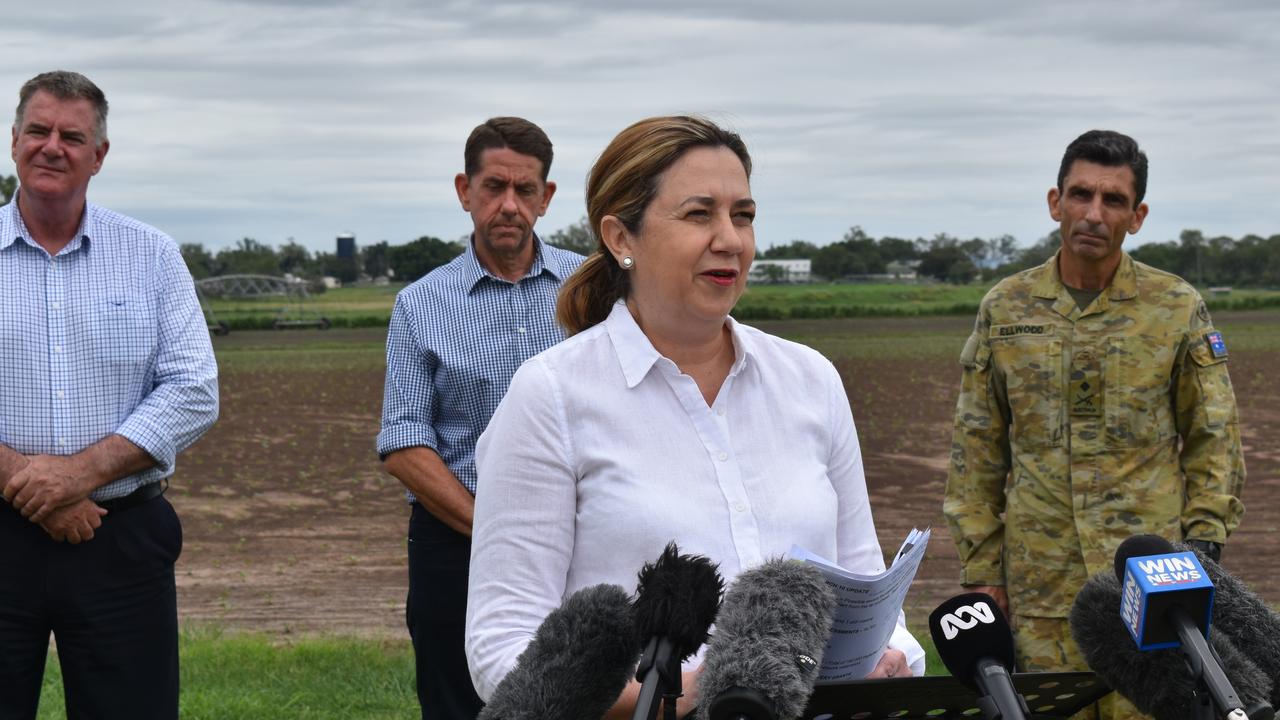 Premier Annastacia Palaszczuk speaking from a flood-affected farming business in the Lockyer Valley on Thursday.