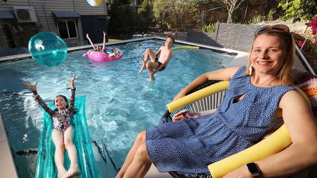 Yona, Harriet and Jim enjoy the pool, MarleenÃs pool is being rented out by the hour over summer, Grange. Picture: Liam Kidston