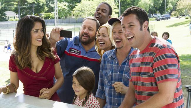 Salma Hayek, Kevin James, Chris Rock, Maria Bello, David Spade and Adam Sandler in <em>Grown Ups 2</em>.